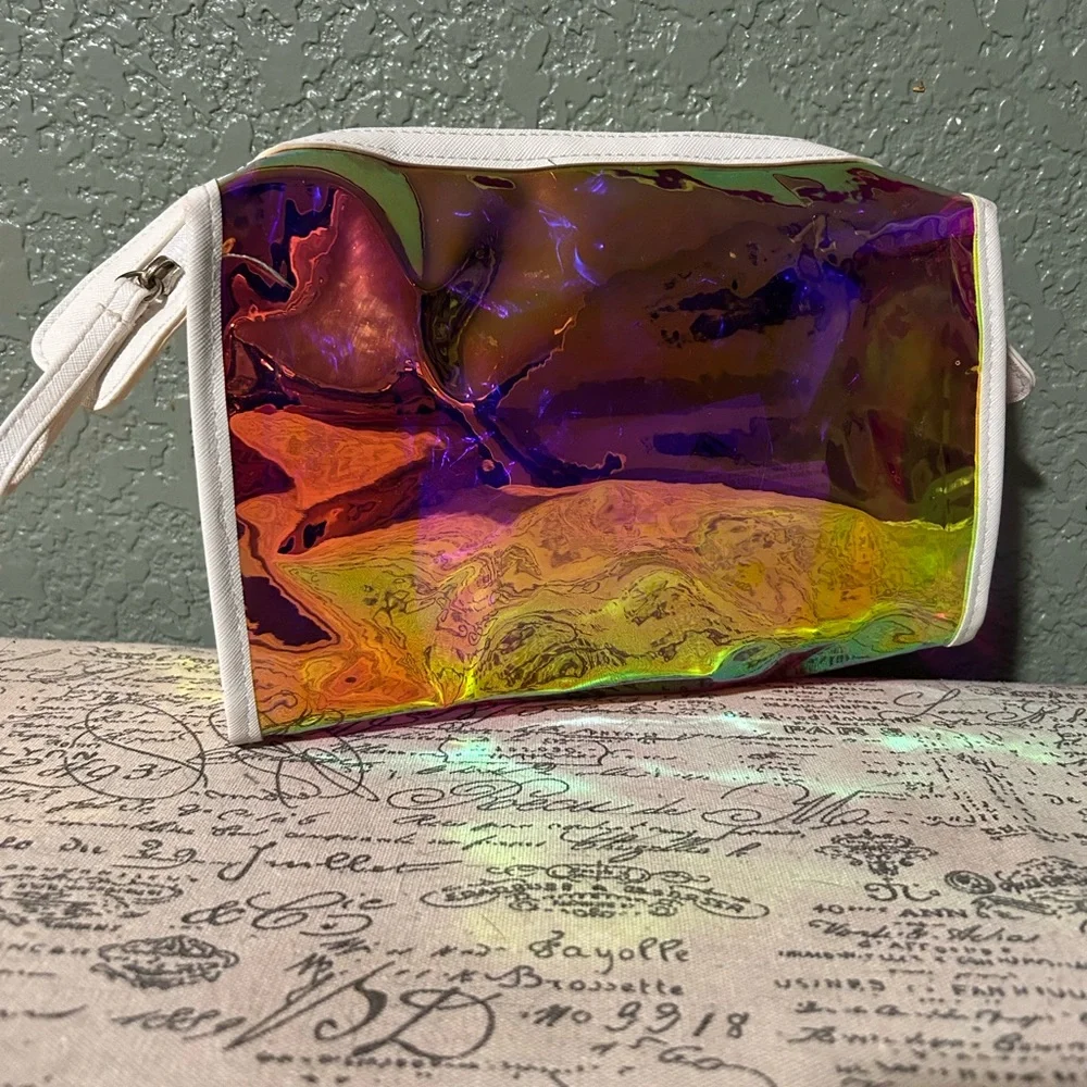 Iridescent Holographic Cosmetic Bag - White Trim